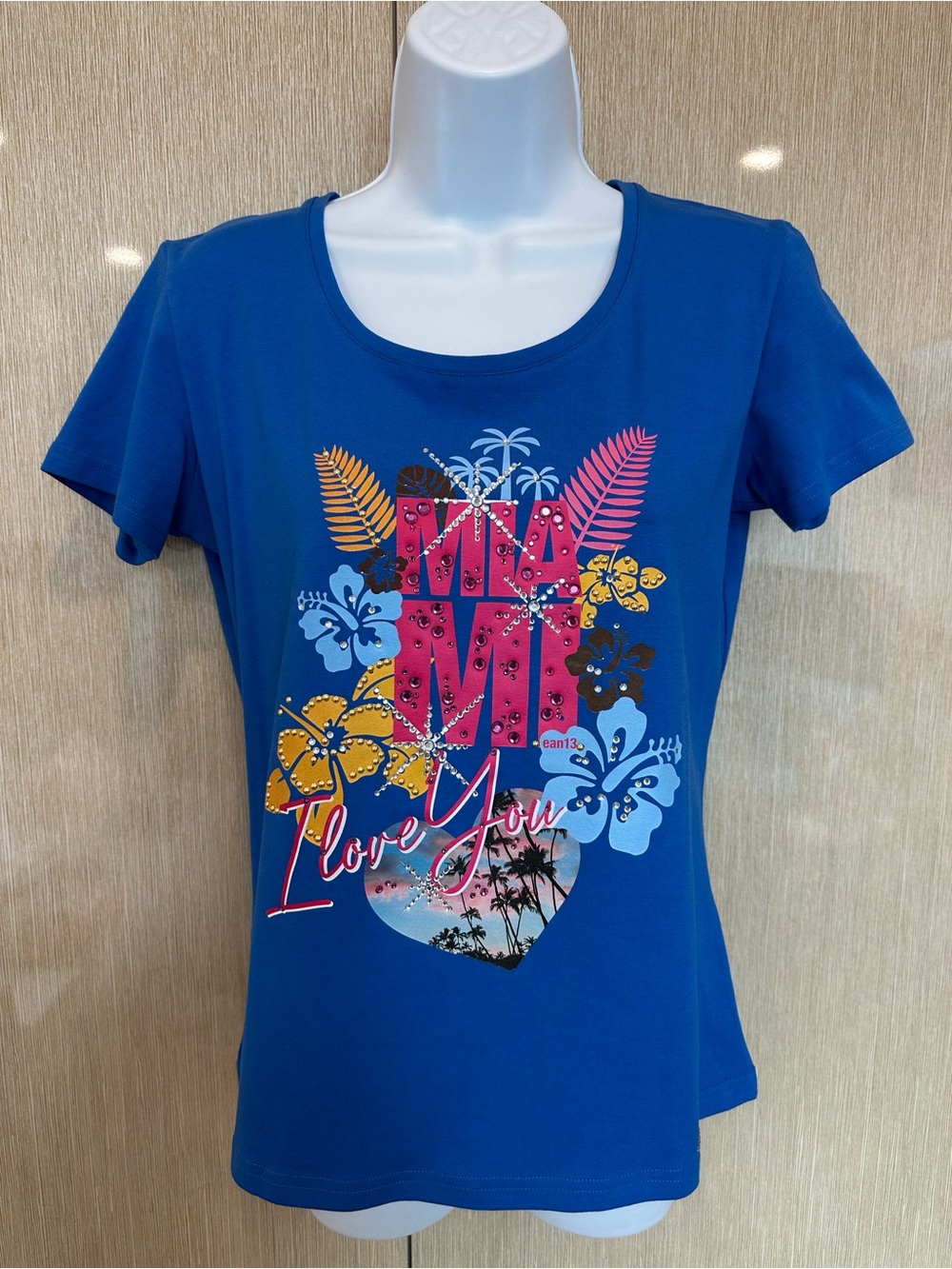 NWT TEAN 13 Elena Mirò Miami Graphic Rhinestone T-Shirt Blue Made in Italy